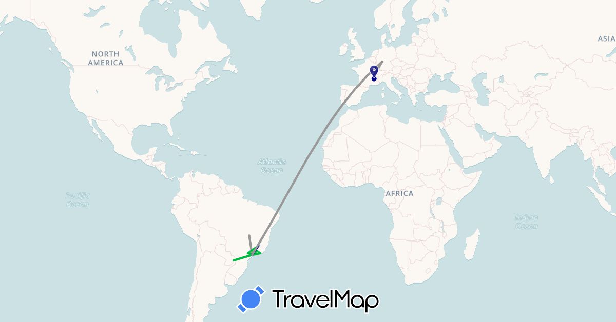 TravelMap itinerary: driving, bus, plane in Brazil, Germany, France (Europe, South America)